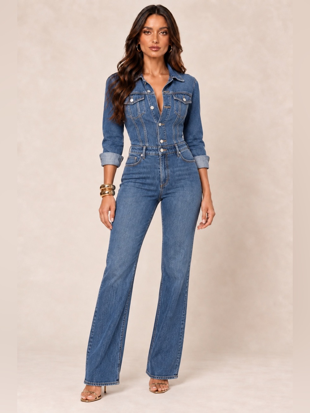 LOFT Blue Denim High-Rise Flare Jumpsuit